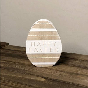 New Mini Wooden Happy Easter Egg Shaped Block Sign White & Natural Wood